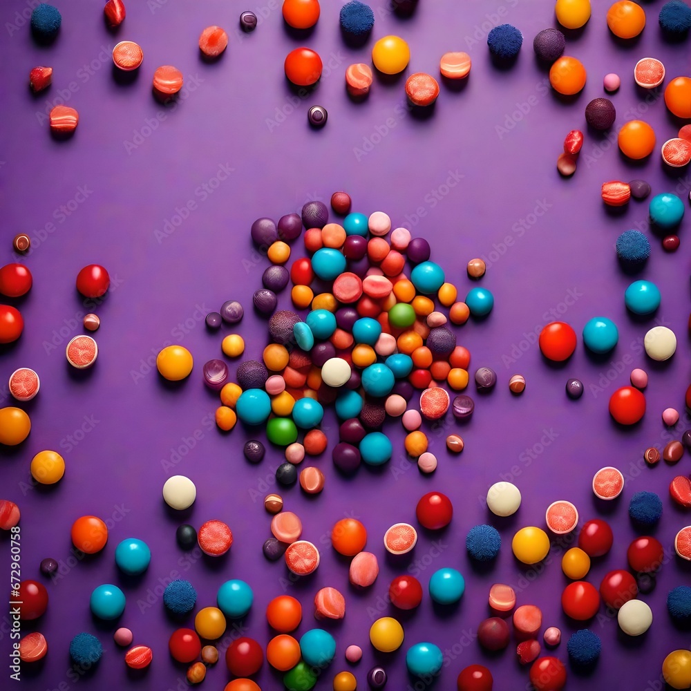 Directly above view of multi colored candies by copy space on purple background