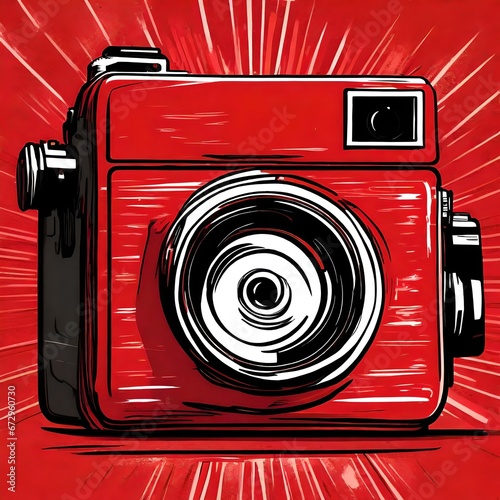a cartoony, monochromatic, red and white camera, with a red background photo