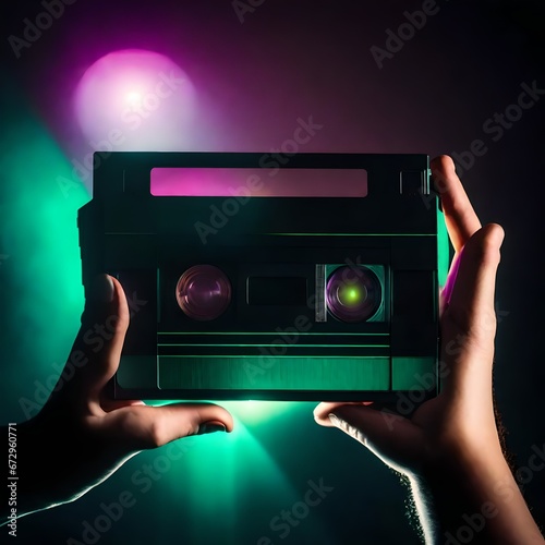 hands holding a vhs video cassette, dramatic lighting with glowing green light, in the style of dark pink and light amber, photorealistic surrealism, light cyan and violet, hdr photo