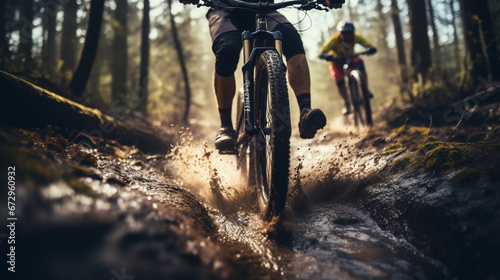 Mountain Bike rider on blurred mud dirt rainy mountain road