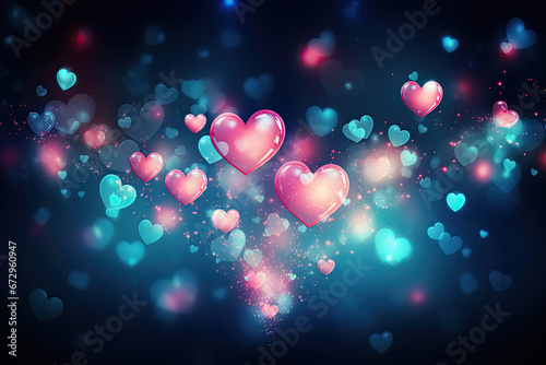Photo of hearts falling on a black background, in the style of light red and azure
