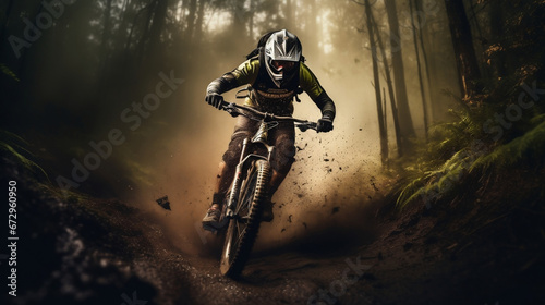 Mountain Bike rider on blurred mud dirt rainy mountain road © BeautyStock
