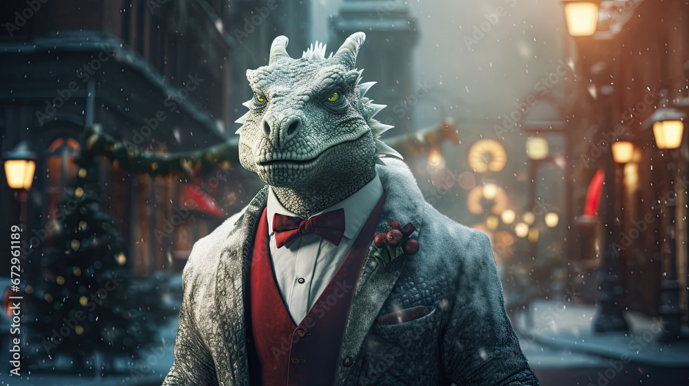 A dinosaur head in a human business suit with a red bowtie in the middle of a New Year's city street decorated with Christmas garlands and lights