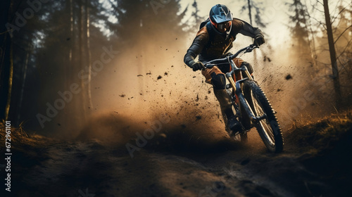 Mountain Bike rider on blurred mud dirt rainy mountain road © BeautyStock