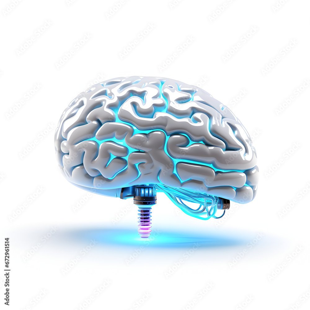 White AI robot brain with blue lights isolated on a white background. Generative ai. 