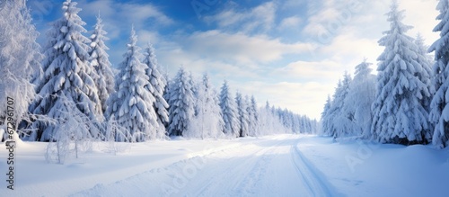 A wintry forest conceals a snow covered road immersed in a thick layer of fresh snow
