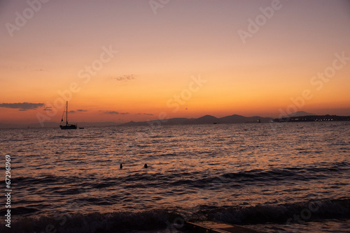 Sunset over Glyfada beach in Athens, Attica, Greece - twilight over Aegean Sea