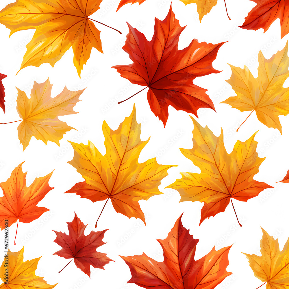 Orange and red fall leaves with white background. Generative ai. Orange and red fall leaves with white background. Generative ai.