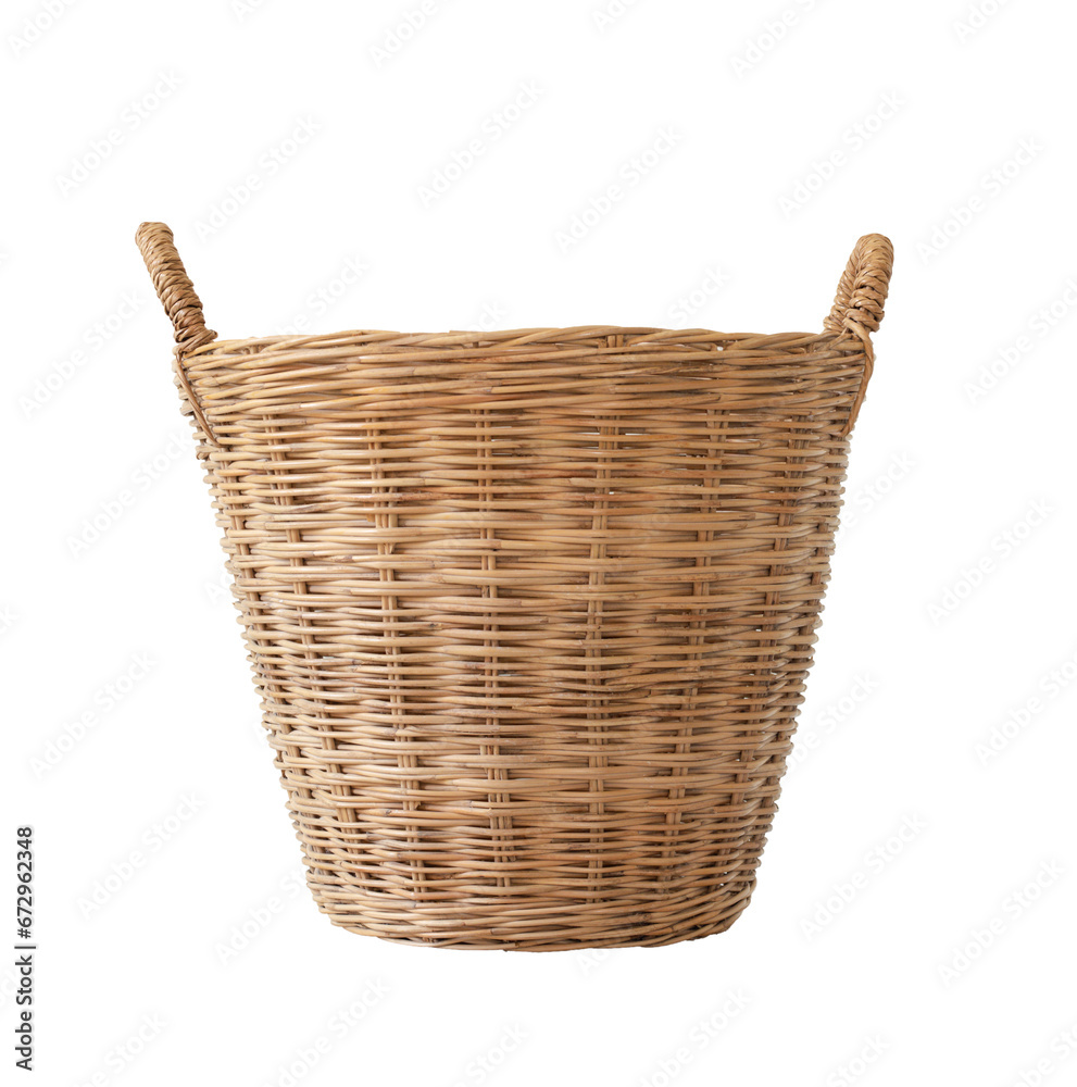 Empty wooden wicker basket isolated on white background. Vintage hamper basket laundry clothes.