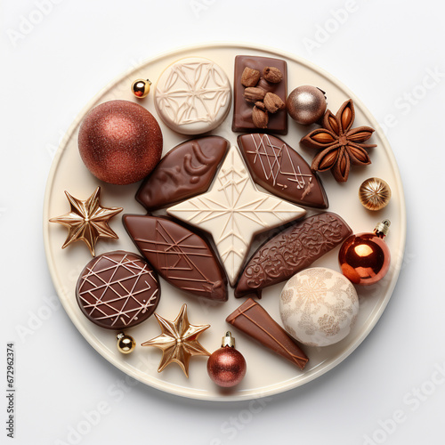 plate of christmas chocolate in the shape of multiple snowman, AI Generative.
