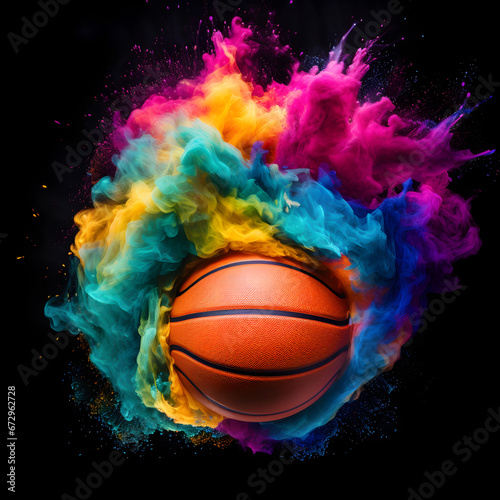 Basketball with a colorful powder explosion behind it. Generative ai.  © PixelHD