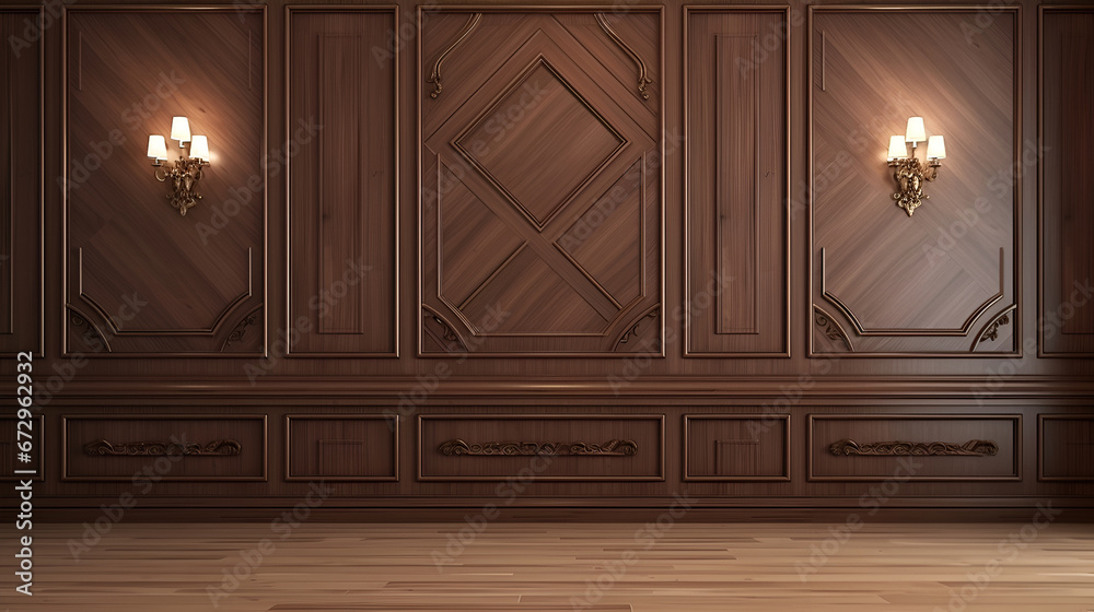 Fragment of an interior made of classic wooden panels on the wall and laminate on the floor. Classical wall molding decoration in modern empty luxury home interior. - obrazy, fototapety, plakaty 