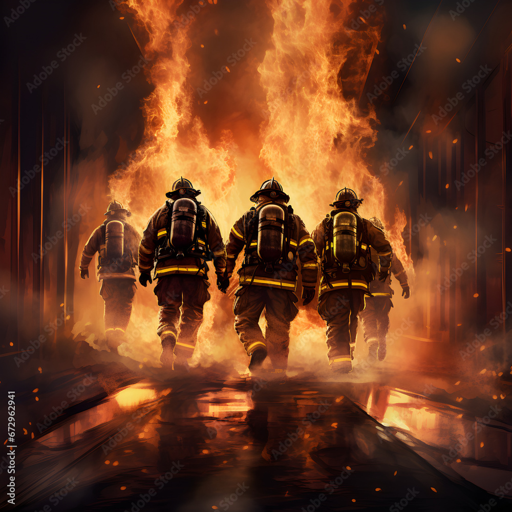 Brave firefighters running towards a fire. Generative ai. 