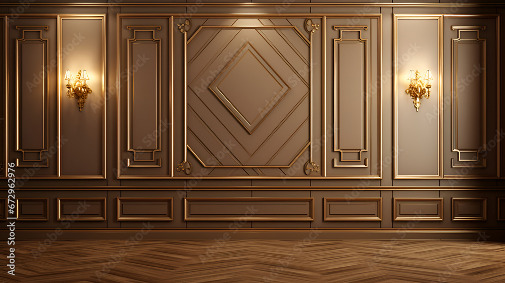Fragment of an interior made of classic wooden panels on the wall and laminate on the floor. Classical wall molding decoration in modern empty luxury home interior.