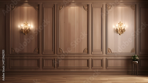Fragment of an interior made of classic wooden panels on the wall and laminate on the floor. Classical wall molding decoration in modern empty luxury home interior.