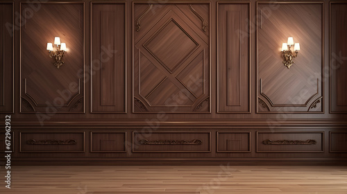 Fragment of an interior made of classic wooden panels on the wall and laminate on the floor. Classical wall molding decoration in modern empty luxury home interior.