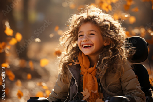 portrait of candid authentic joyful happy disabled child girl wheelchair outdoor fall