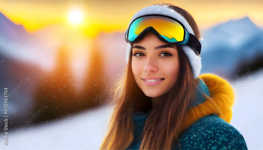 Girl backlit portrait with ski mask during a sunset