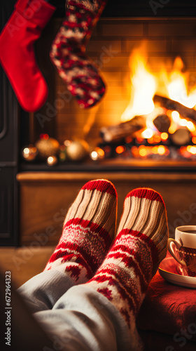 Feet in woolen socks by the Christmas fireplace. Person relaxing by the fire with a cup of hot drink. Close-up. Concept of winter vacations and Christmas.