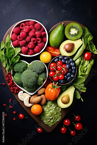 background of a Nutritional food for heart health wellness by cholesterol diet and healthy nutrition eating with clean fruits and vegetables in heart
