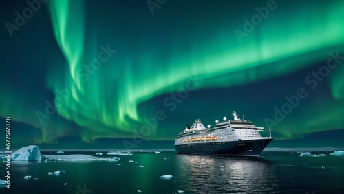 Cruise ship in arctic with northern lights