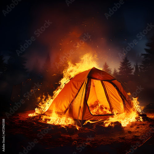 Camping tent on fire. Generative ai. 