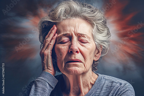 A gray-haired woman holds her head in pain. Headache, ringing in the ears, blood pressure. Precursors of stroke. photo