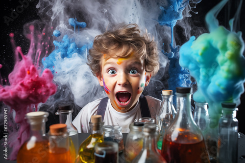 Surprised Child Boy Observing Colorful Chemical Reaction photo