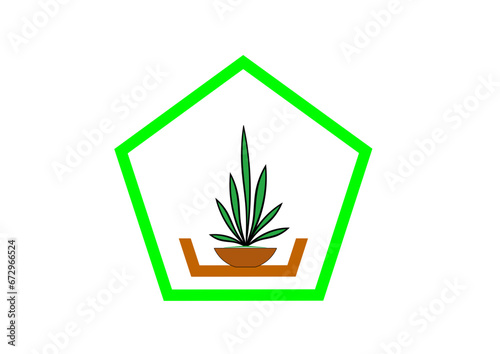 grünes fünfeck mit brauner schale und pflanze im unteren bereich, moderne abstrakte grafik, figur mit bezug zum umweltschutz, copy space, interessantes logo, geschützter raum,