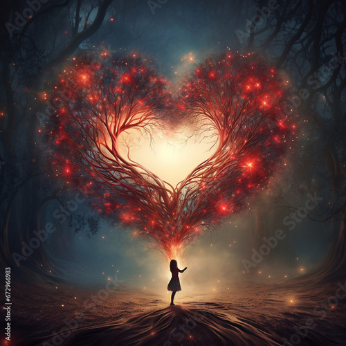 Mystical Forest: Girl Under Heart-Shaped Branches with Entwined Red Lights - Ethereal Illustration of a Nighttime Woodland Scene  - Valentine's Day © Elalena