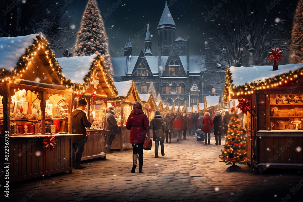 crowded Christmas market with decorated stalls with lots of souvenirs, crafts and treats during winter holidays. cozy atmosphere crowded Christmas market with decorated stalls with lots of souvenirs, crafts and treats during winter holidays. cozy atmosphere