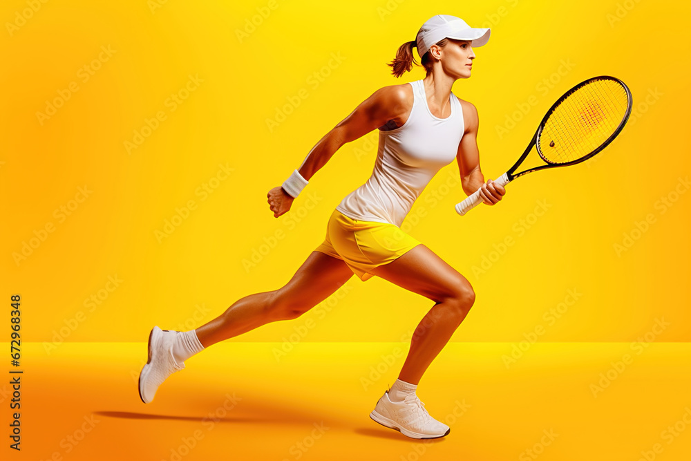 Beautiful woman with a tennis racket on a yellow background.
