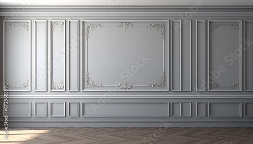 Fragment of an interior made of classic gray panels. Gray wall background with copy space in an empty room with brown parquet floor. Classical wall molding decoration in modern empty luxury home  photo