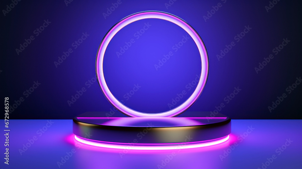 sleek metallic podium or pedestal with neon halo, gradient deep blue to purple background. product template mockup. Mockup for branding, packaging. Blank product shelf standing backdrop. Copy space. sleek metallic podium or pedestal with neon halo, gradient deep blue to purple background. product template mockup. Mockup for branding, packaging. Blank product shelf standing backdrop. Copy space.