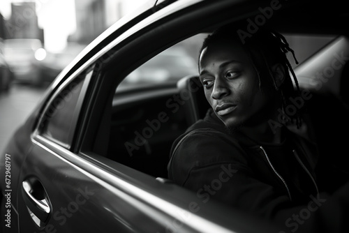 Young drug dealer or junior gang member sitting in his vehicle photo