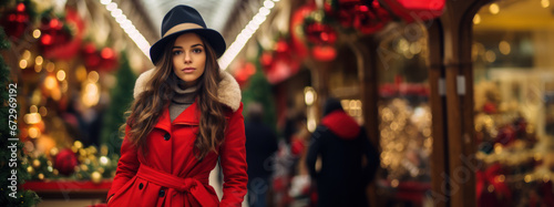 Attractive young woman dressed in red in a shopping mall