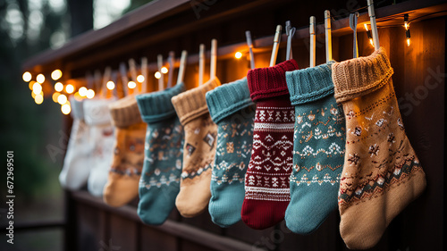 Winter Christmas hanging socks. Generative AI. © Saman
