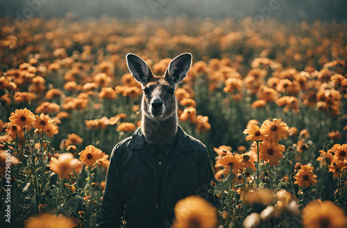 Kangaroo man in the flower garden. Generative ai