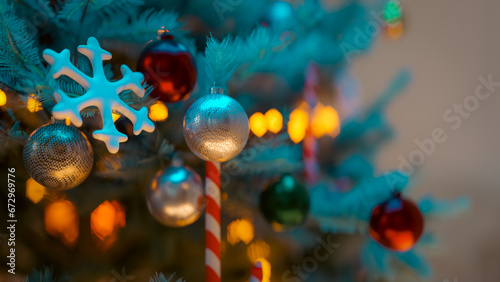 Christmas tree close-up background with multiple decorations, 3d rendering