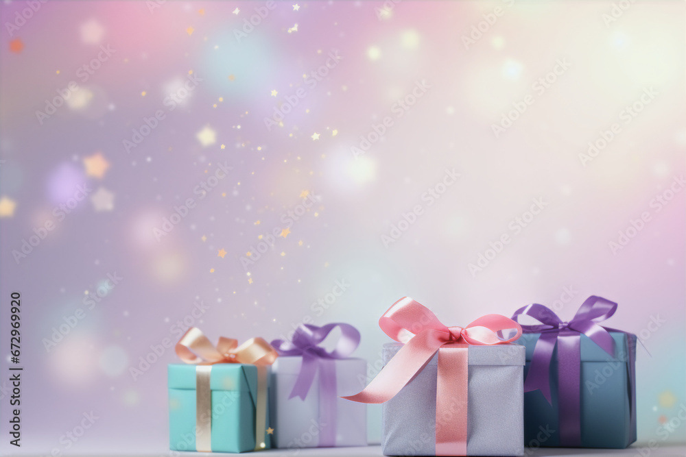 Fototapeta premium Celebration Birthday Background with Parcels Wallpaper Gift Invitation Card Pastel Colors