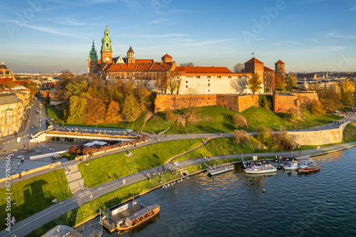 Historic royal Wawel castle in Cracow at sunset, Poland. photo