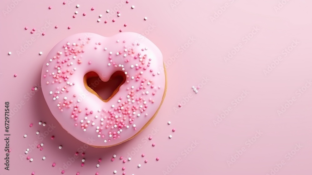 Donut with sprinkles shape of heart ,Valentines Day ,copyspace text, background with print space text, Generative Ai Donut with sprinkles shape of heart ,Valentines Day ,copyspace text, background with print space text, Generative Ai