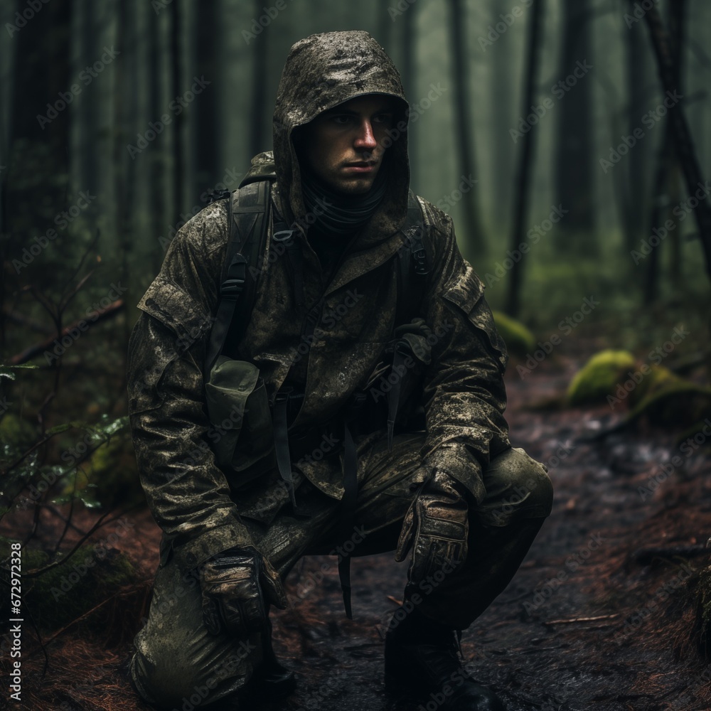 Military camouflage clothing, in forest with grunge effect, soldier Military camouflage clothing, in forest with grunge effect, soldier