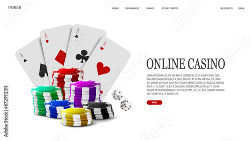 A web banner with poker cards, chips and dice on a white background. A concept for a casino with text.