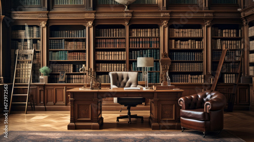 an inviting library with a large wooden desk and several bookcases filled with books and a comfortable leather armchair in the corner photo