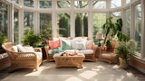 an inviting sunroom with large windows and wicker furniture