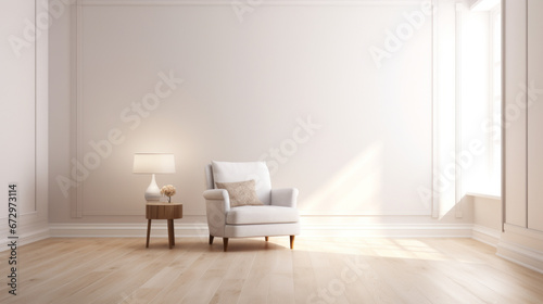 an inviting room with a light wooden floor and white walls and a large armchair in the corner