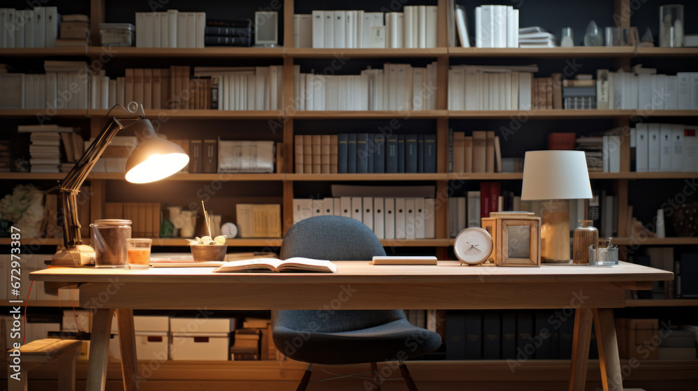 an office with a large wooden desk and a black leather chair and a bookshelf filled with books - obrazy, fototapety, plakaty 