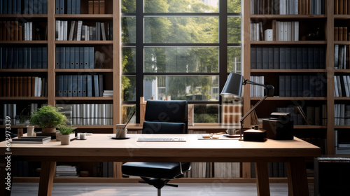 an office with a large wooden desk and a black leather chair and a bookshelf filled with books photo