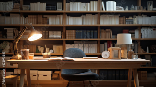 an office with a large wooden desk and a black leather chair and a bookshelf filled with books